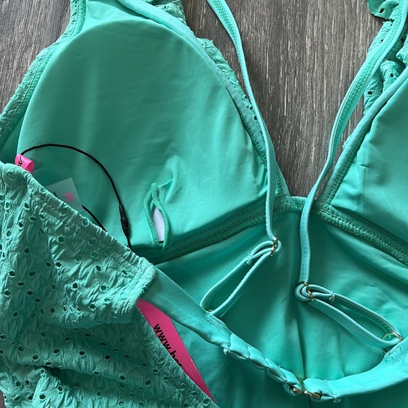 Betsy Johnson “Biscay” Green 1 Piece Ruffle Strap Eyelet Swimsuit - Picture 13 of 15